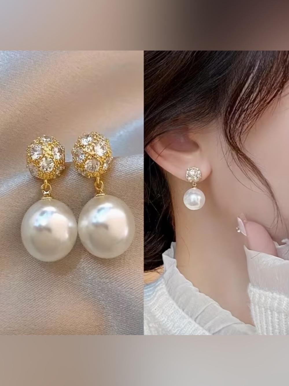 Gold Crystal Studs With White Pearl Drop Earrings.